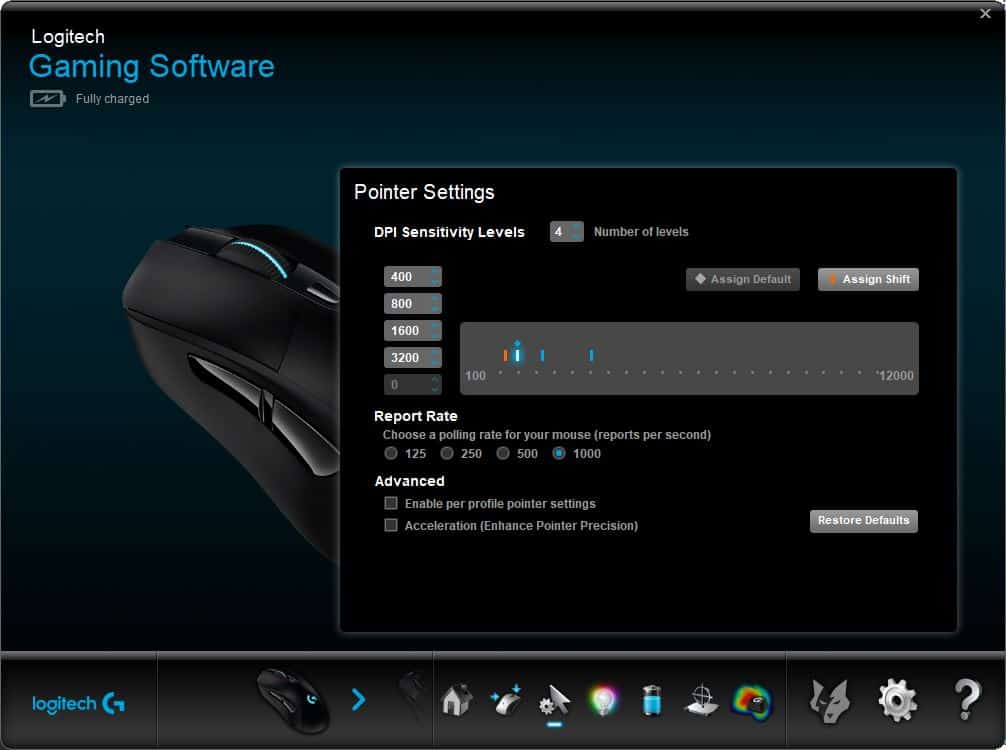 logitech mouse software DPI sensitivity levels increment 