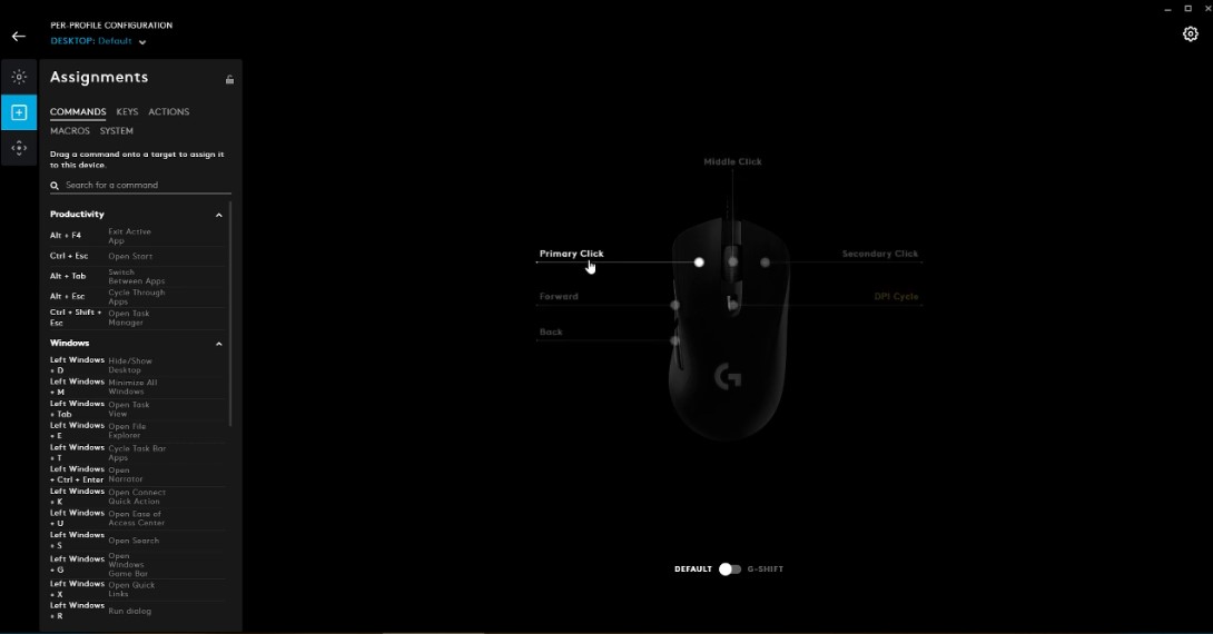 Logitech G403 mouse commands setting