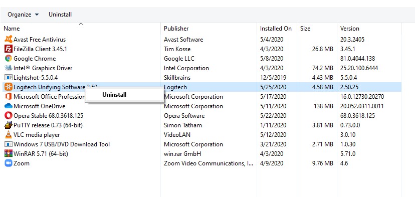 uninstalling unifying software in Windows 10