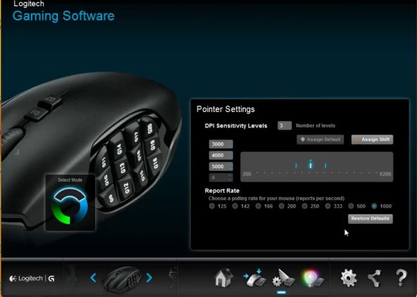 Logitech G600 mouse DPI settings