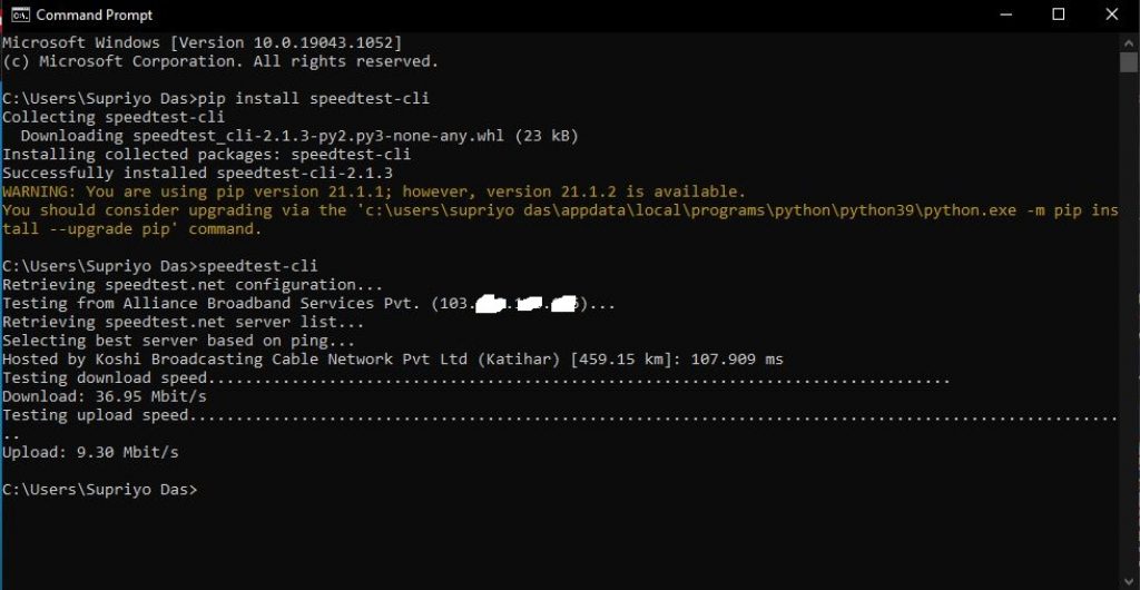 Command prompt internet speed result