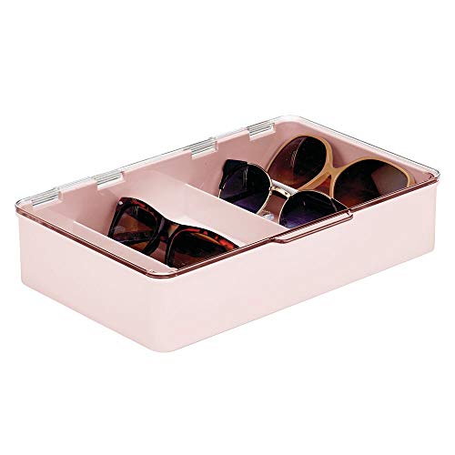 mDesign Sunglasses Boxes - Plastic 5 Compartment Sorter - Closet Organizer for Storing All Kinds of Glasses - Light Pink & Clear