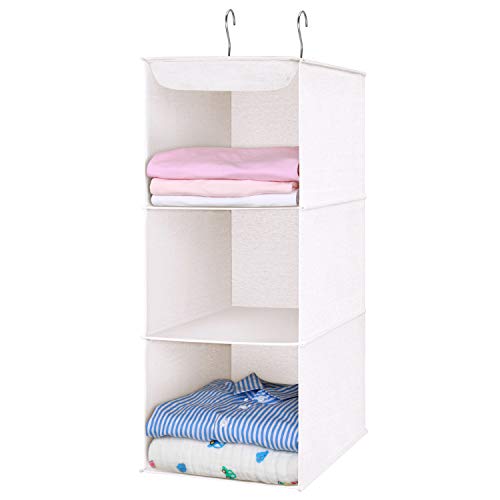 MaidMAX Closet Organizer, Collapsible Hanging Shelf, Fabric Hanging Organizer for Clothes, 3 Tiers and 2 Hooks, Beige