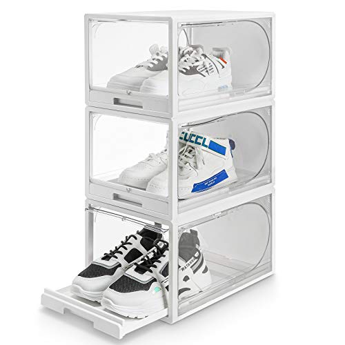 Yorbay Set of 3 Stackable Shoe Boxes for Shoe Storage, Transparent Plastic Dust and Moisture Proof Doors and Lids, 37 x 26.5 x 21 cm