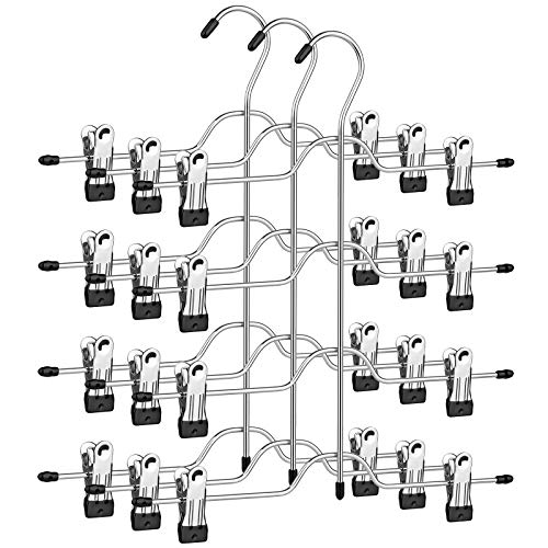SONGMICS Skirt Hangers with Clips, Set of 3, 4-Layer Metal with 8 Adjustable Non-Slip Clips, for Pants, Jeans, Towels, Shorts, 32 cm, Silver and Black CRI042BK
