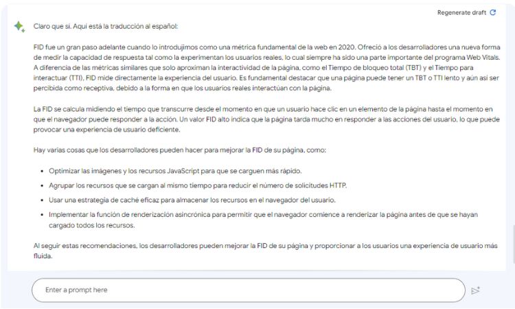 Bard's interface showing the translation of the English text of Google's website