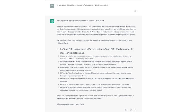 ChatGPT interface offering a travel itinerary for a weekend in Paris