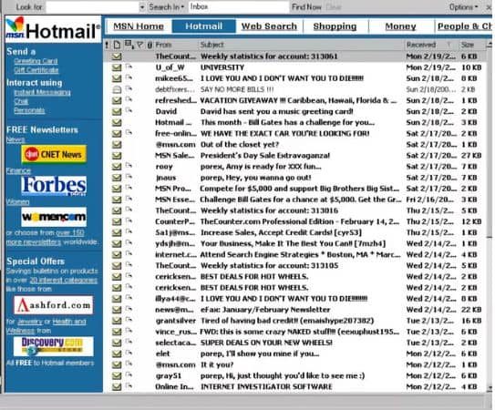 View of the inbox of Hotmail integrated into MSN year 2001