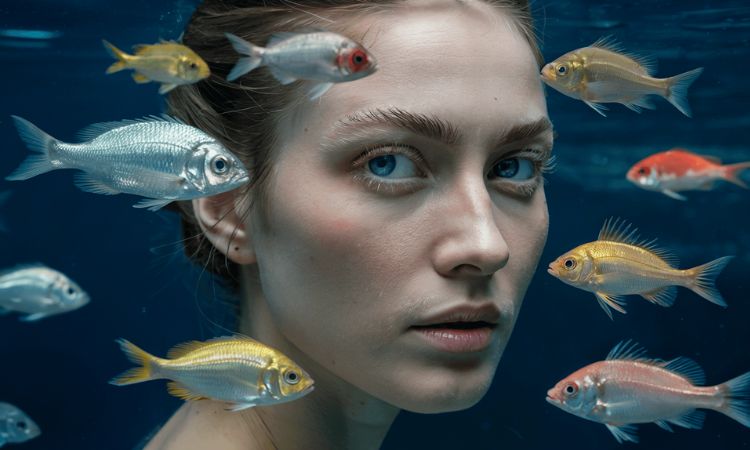 Hyperrealist image generated with ideogram 3.0. In it the face of a white woman, with blue eyes and brown hair, represented in great detail. Around this face and crossing it, there are several fish of silver or golden scales