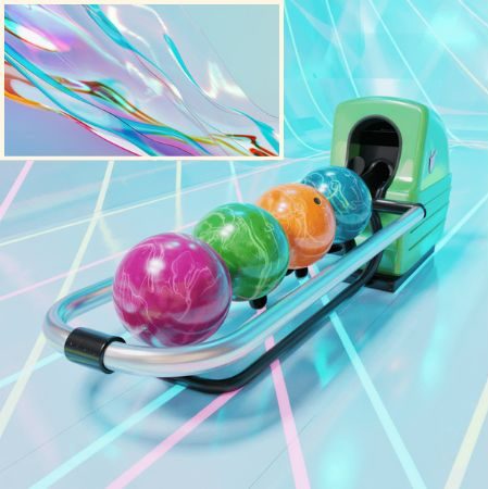 Image composed of two images. The main shows the machine that returns the bowling balls in a bowling alley, with four neon colored balls on it. The background is futuristic, of fantasy lights. In the upper left corner of this main image a smaller image is inserted, which shows a fantasy iridescent flow. This second image is the one that has been given to ideogram 3.0 as a reference to replicate that style by generating the second image.