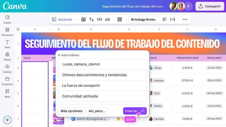 Image that shows the operation of the large -scale magical study tool on a Canva spreadsheet