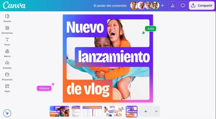 Image that shows the operation of the new unified visual suites of Canva. In this case, on the same design canvas we can access different types of creativity (poster, net post, excell, web ...)