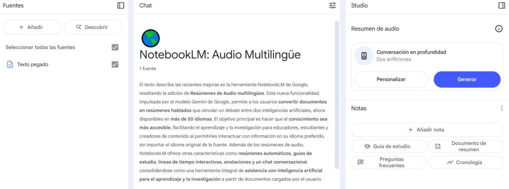 Notebooklm view in Spanish