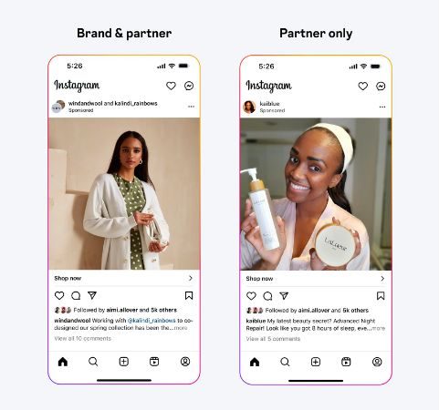 Image that shows the two possibilities of mention of collaborative ads. On the left: mention in the header to the brand and the partner. To the right: mention only to the partner