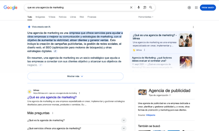 Image of an example of the overview in which you ask that it is a digital marketing agency and shows an answer generated by Gemini
