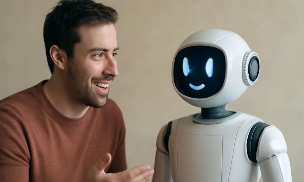 A person who is talking friendly to a charming -looking robot