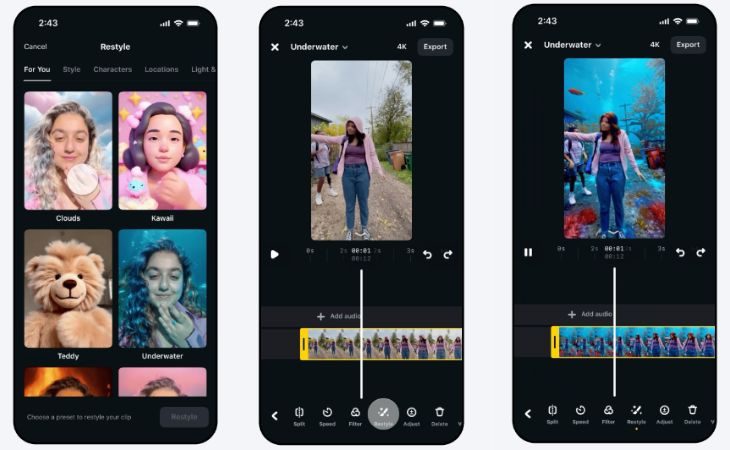 Image consisting of three mobile phone screenshots in which Restyle's operation is shown in the Instagram Edits app.