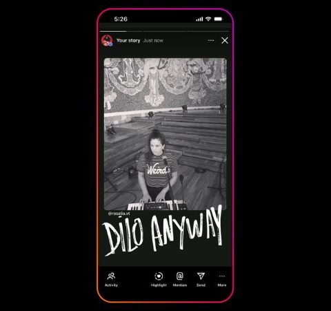 Capture of a mobile phone showing a Rosalia Instagram story in which the text uses the new typographic source created in collaboration with the artist