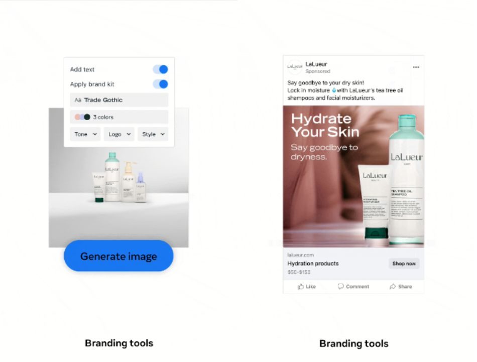 Image that shows the functioning of the generation of images with the goal of Advantage+ Meta, which allows to take advantage of brand resources to generate campaigns consisting of branding