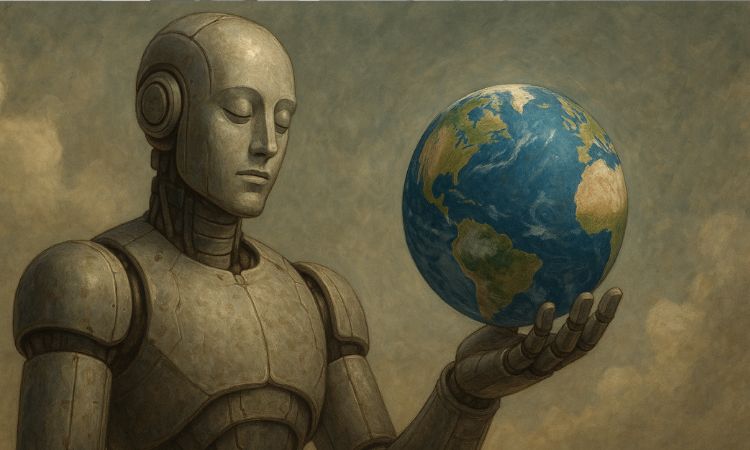 A Meditative Hage Serene Quiet Robot Holds The Earth on The Palm of His Hand