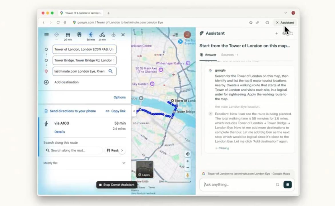 Screen capture showing an example of the use of Comet Assistant for the AI ​​to draw an optimized route on Google Maps to visit 5 Emblematic London places